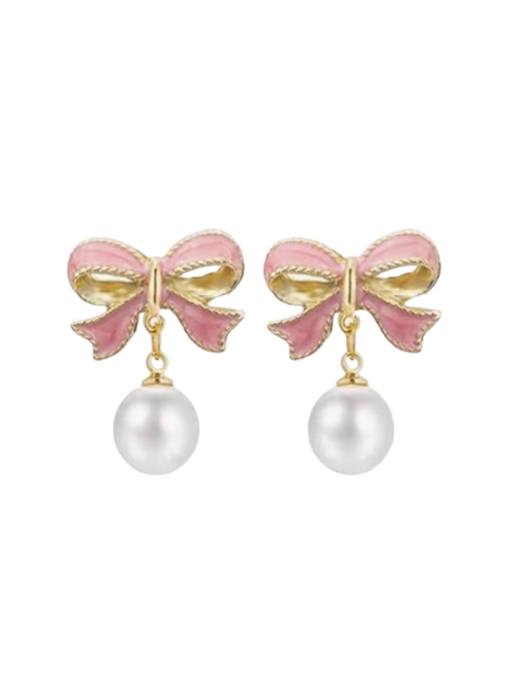 Pink Enamel Bow Pearl Drop Earrings